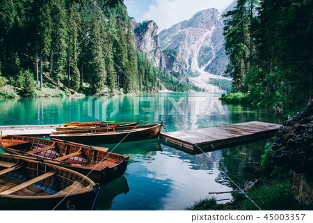 Beautiful view of Lago di Braies or Pragser wildsee, Italy. 45003357