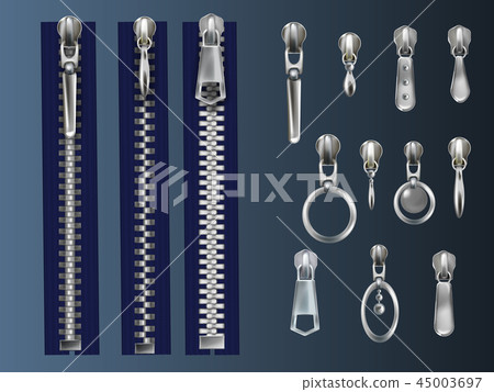Zipper fasteners and pullers realistic vectors set Zipper fasteners and pullers realistic vectors set 45003697