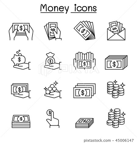 Money & hand icon set in thin line style Money & hand icon set in thin line style 45006147