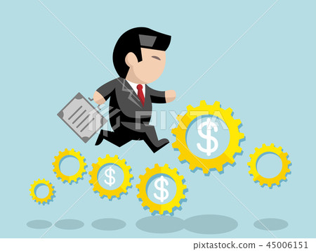 Businessman is running on the gear of currency. Businessman is running on the gear of currency. 45006151
