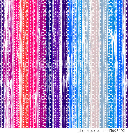 Colorful striped seamless pattern with doodle tirbal ornate and hand drawn brush strokes. Vector 45007492