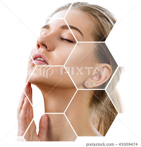Beautiful female face in honeycombs. Spa and face lifting concept. Beautiful female face in honeycombs. Spa and face lifting concept. 45009474