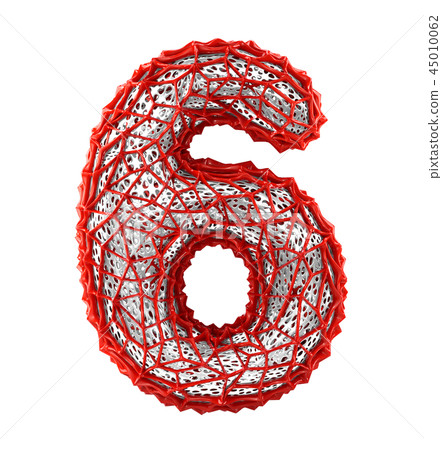 Number 6 six made of red plastic with abstract holes isolated on white background. 3d Number 6 six made of red plastic with abstract holes isolated on white background. 3d 45010062