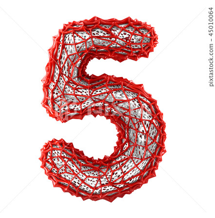 Number 5 five made of red plastic with abstract holes isolated on white background. 3d Number 5 five made of red plastic with abstract holes isolated on white background. 3d 45010064