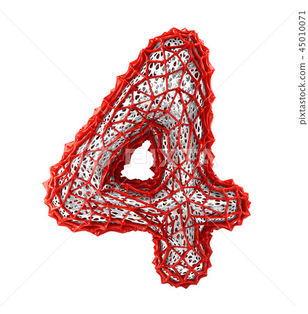 Number 4 four made of red plastic with abstract holes isolated on white background. 3d Number 4 four made of red plastic with abstract holes isolated on white background. 3d 45010071