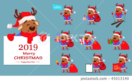 Cute deer wearing Santa Claus hat and scarf Cute deer wearing Santa Claus hat and scarf 45013140