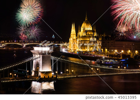 Fireworks in Budapest over Parliament 45013395