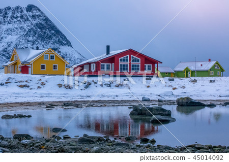 Low Tide in the Fjord and Norwegian Cottages 45014092