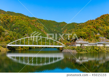 Fukui, autumnal Kuzuryu lake and national highway No. 158 45015133