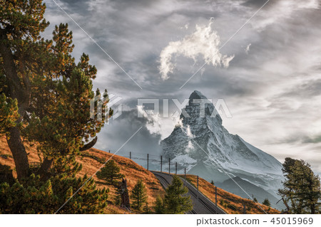 Matterhorn peak with railway in Swiss Alps Matterhorn peak with railway in Swiss Alps 45015969