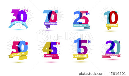 Vector set of anniversary dates compositions with ribbons, years birthday logo labels. Isolated. 45016201