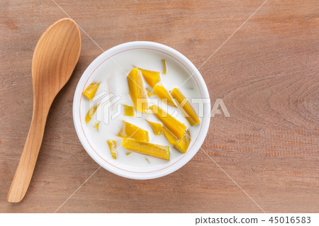 top view of boiled pumpkin with coconut milk top view of boiled pumpkin with coconut milk 45016583