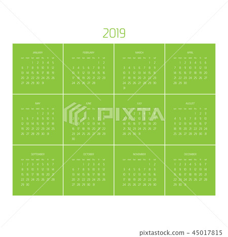 Vector calendar - Year 2019. Week starts from Sunday. Simple flat vector illustration 45017815