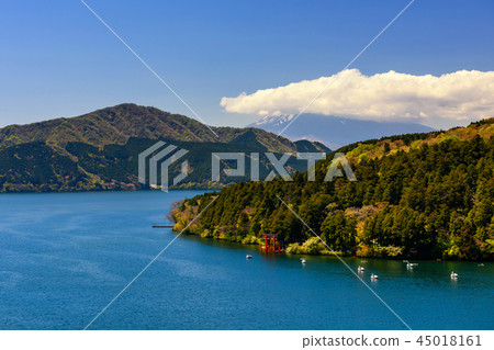 Top view of Hakone torii gate at lake Ashi Top view of Hakone torii gate at lake Ashi 45018161