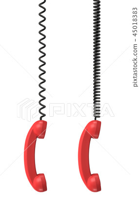 3d rendering of two red retro phone receivers hanging vertically from black cords on a white 3d rendering of two red retro phone receivers hanging vertically from black cords on a white 45018383