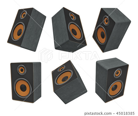 3d rendering of six big black and orange music speakers hanging in different views on a white 45018385