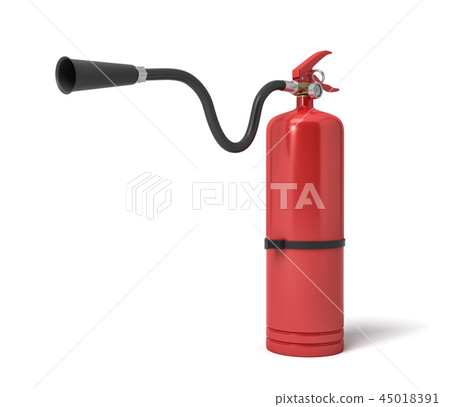 3d rendering of a single red fire extinguisher with its hose lifted up the nozzle pointed straight. 3d rendering of a single red fire extinguisher with its hose lifted up the nozzle pointed straight. 45018391