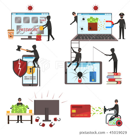 Cartoon Characters People Internet Hackers Set. Vector 45019029