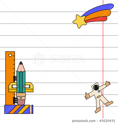 Color invitation postcard, gift tags. School notebook sheet, pencil. Imagination, office supplies Color invitation postcard, gift tags. School notebook sheet, pencil. Imagination, office supplies 45020435
