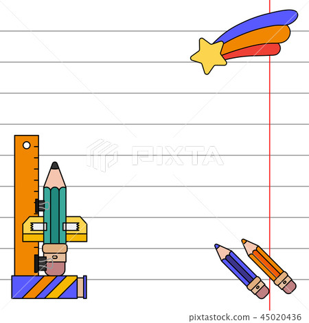 Color invitation postcard, gift tags. School notebook sheet, pencil. Imagination, office supplies 45020436