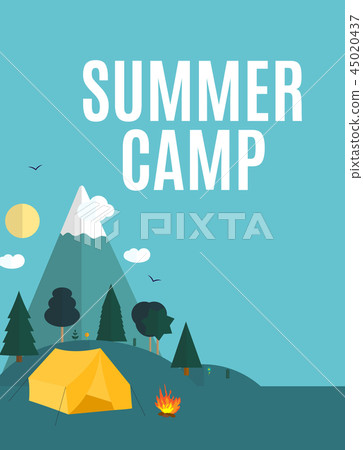 Summer Camping Nature Background in Modern Flat Style with Sample Text 45020437