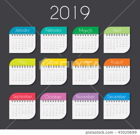 Colorful year 2019 calendar template. Vector Illustration 45020699