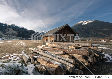 Cottage and pile of cut tree trunks in the Alps Cottage and pile of cut tree trunks in the Alps 45021967