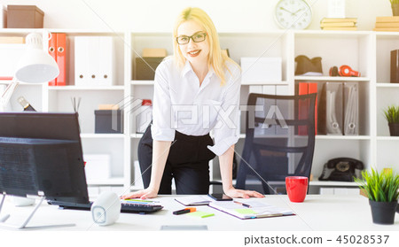 A young girl standing in the office at the computer table. 45028537