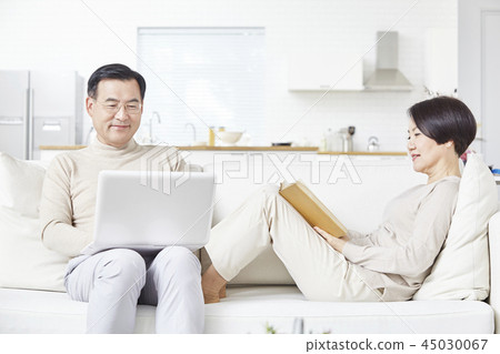 Reading, Laptop, Living Room, Couple Reading, Laptop, Living Room, Couple 45030067