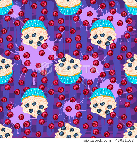Cupcake with blueberry on purple seamless pattern Cupcake with blueberry on purple seamless pattern 45031168