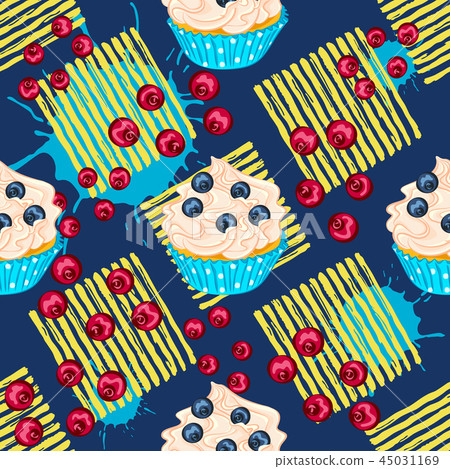 Cupcake with red berry on blue seamless pattern Cupcake with red berry on blue seamless pattern 45031169