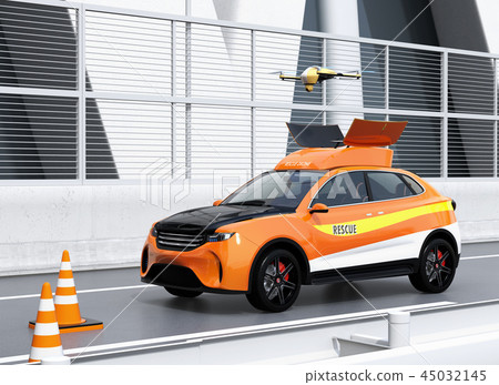 A drone flying from a rescue SUV rushed to investigate a freeway traffic accident A drone flying from a rescue SUV rushed to investigate a freeway traffic accident 45032145
