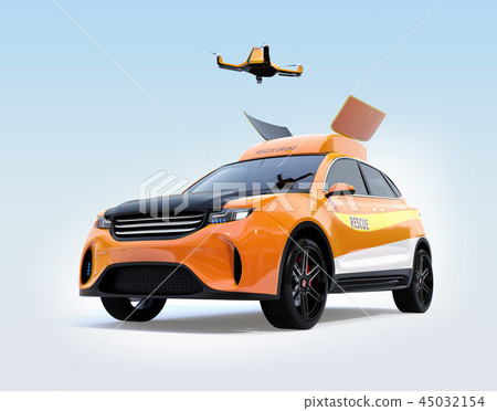 Concept image of a search drone taking off and landing from a disaster relief SUV Concept image of a search drone taking off and landing from a disaster relief SUV 45032154