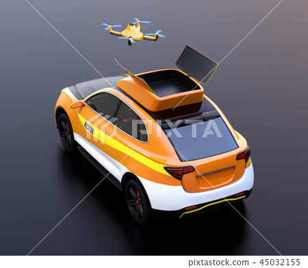 Search drone concept image taking off and landing from disaster rescue SUV on black background Search drone concept image taking off and landing from disaster rescue SUV on black background 45032155