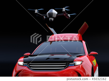 Search drone concept image taking off and landing from disaster rescue SUV on black background 45032162
