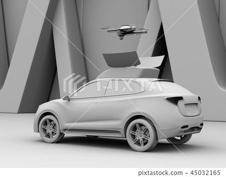A clay rendering image of a drone flying off from a SUV standing next to a modern architecture A clay rendering image of a drone flying off from a SUV standing next to a modern architecture 45032165