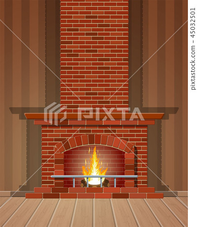 Winter interior bonfire. Fireplace made of bricks Winter interior bonfire. Fireplace made of bricks 45032501