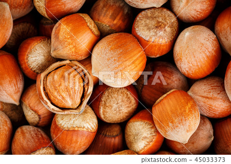 Hazelnuts. Stack of hazelnuts. Food background. Hazelnuts. Stack of hazelnuts. Food background. 45033373