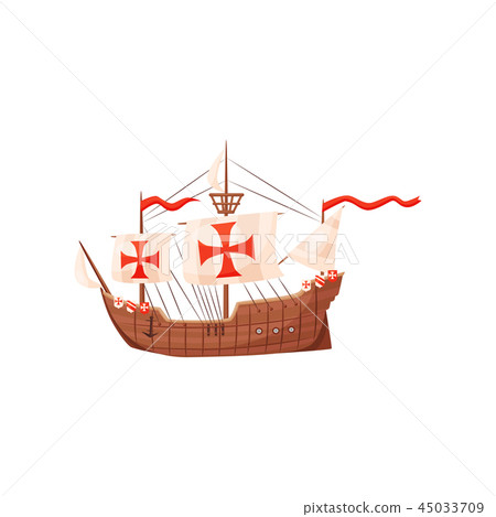 Old wooden ship with shields and sails with red crosses, symbol of Knights Templar. Medieval water 45033709