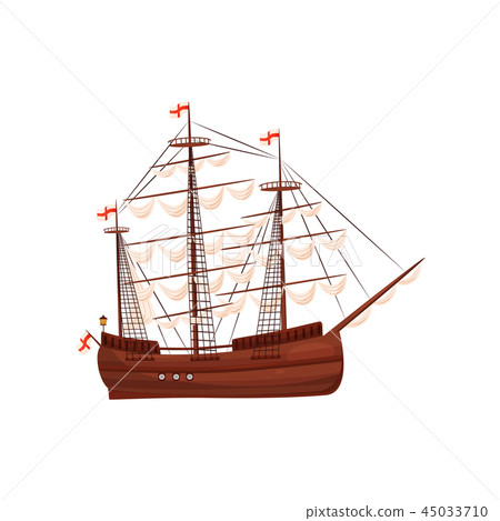 Old wooden ship with sails and flags with red crosses. Big marine vessel. Element for middle ages Old wooden ship with sails and flags with red crosses. Big marine vessel. Element for middle ages 45033710