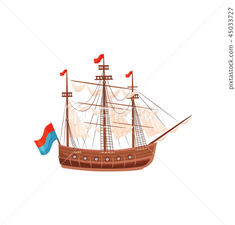 Wooden ship with beige sails and bright flags. Marine vessel. Sea and ocean theme. Flat vector 45033727