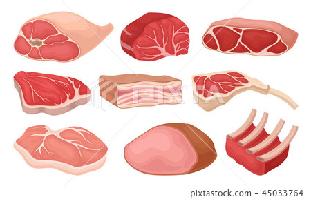 Flat vector set of meat products. Fresh beef, pork, smoked ham, raw ribs, lard. Elements for poster 45033764
