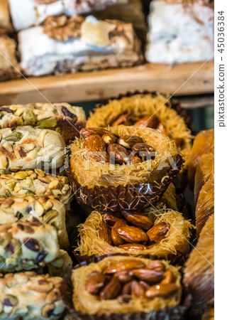 Almond and pistachio baklava snacks 45036384