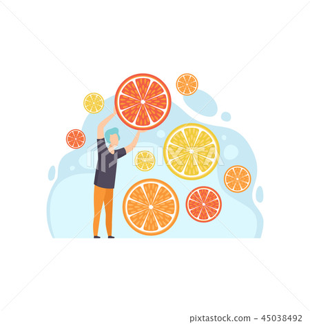 Young man with slices of lemon, grapefruit and orange vector Illustration on a white background Young man with slices of lemon, grapefruit and orange vector Illustration on a white background 45038492