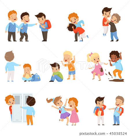 Kids bullying the weaks set, boys and girls mocking classmates, bad behavior, conflict between 45038524