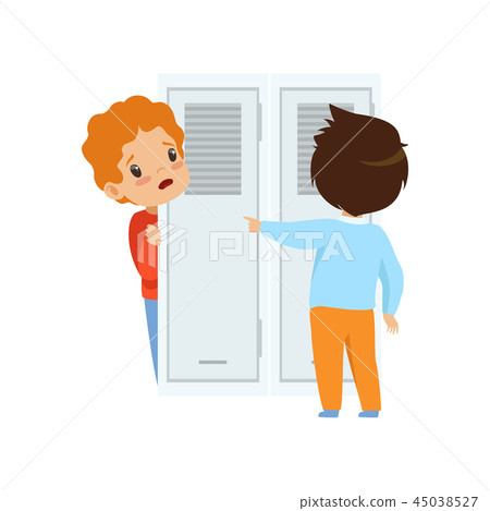 Classmate mocking a boy who hiding behind the door, bad behavior, conflict between kids, mockery and 45038527