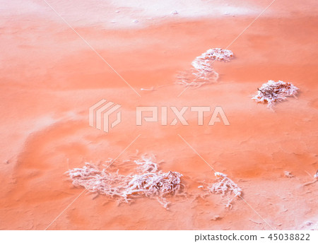 Vivid red Salt deposits shores beautiful pink lake Vivid red Salt deposits shores beautiful pink lake 45038822