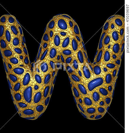 Golden shining metallic 3D with blue glass symbol capital letter W - uppercase isolated on black. 45039697