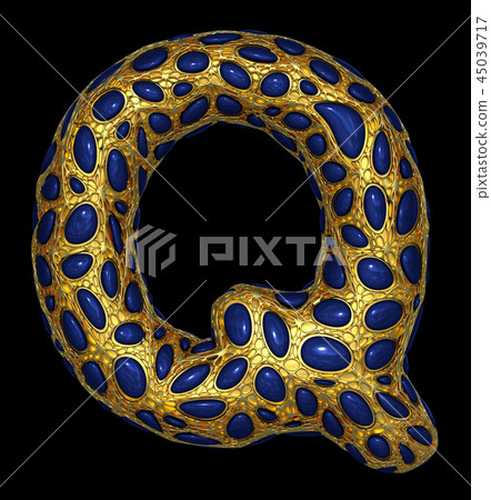 Golden shining metallic 3D with blue glass symbol capital letter Q - uppercase isolated on black. 45039717