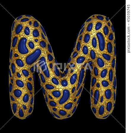 Golden shining metallic 3D with blue glass symbol capital letter M - uppercase isolated on black. 45039745